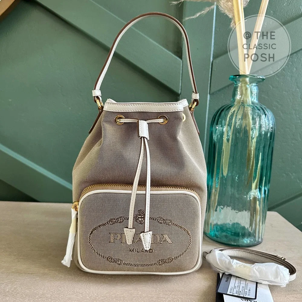 NEW Prada Jacquard Logo Bucket White Trim Canvas Tote Crossbody Bag